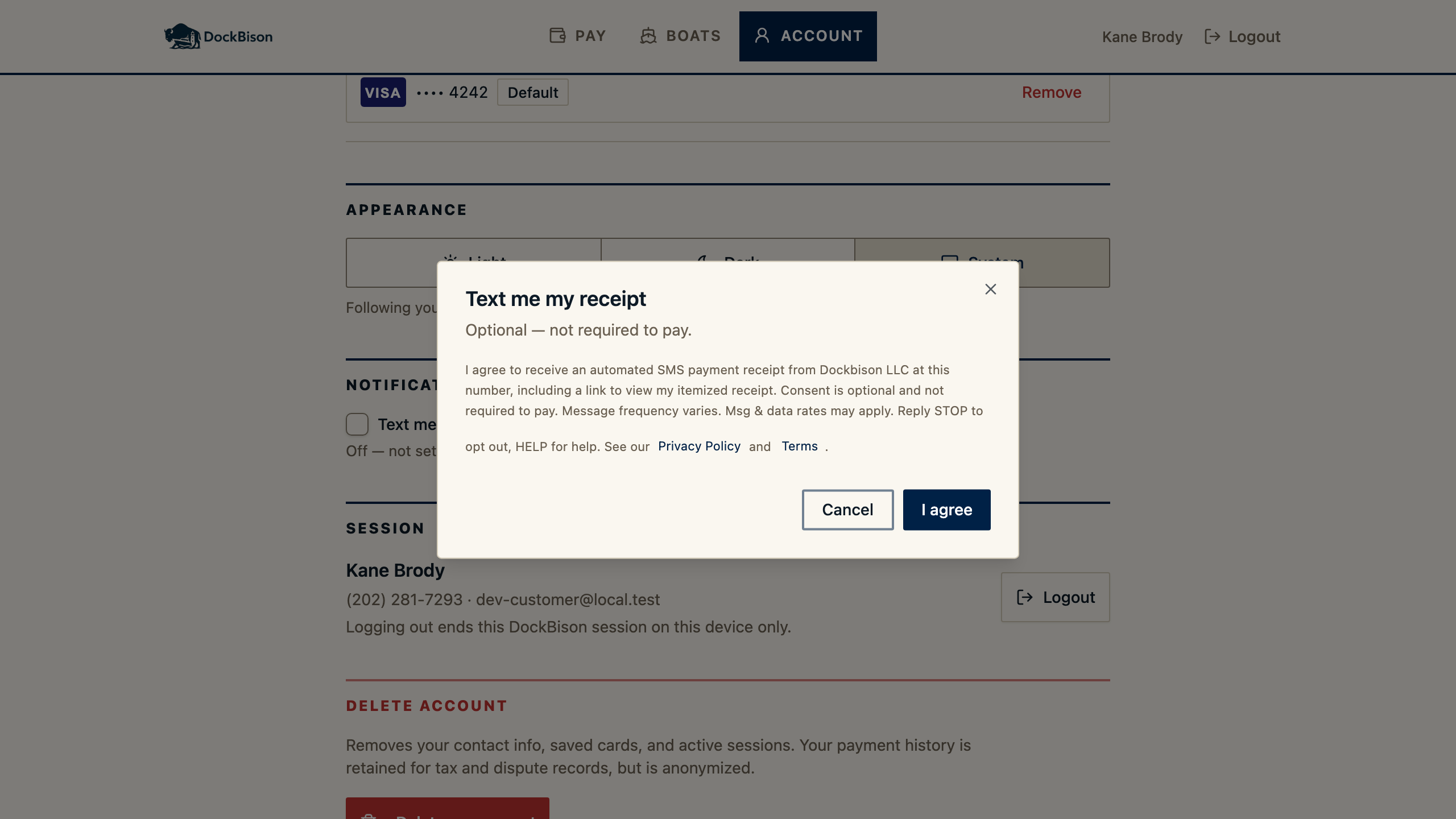 Dockbison confirmation dialog presenting the full SMS receipt disclosure before consent is recorded, with I agree and Cancel buttons.