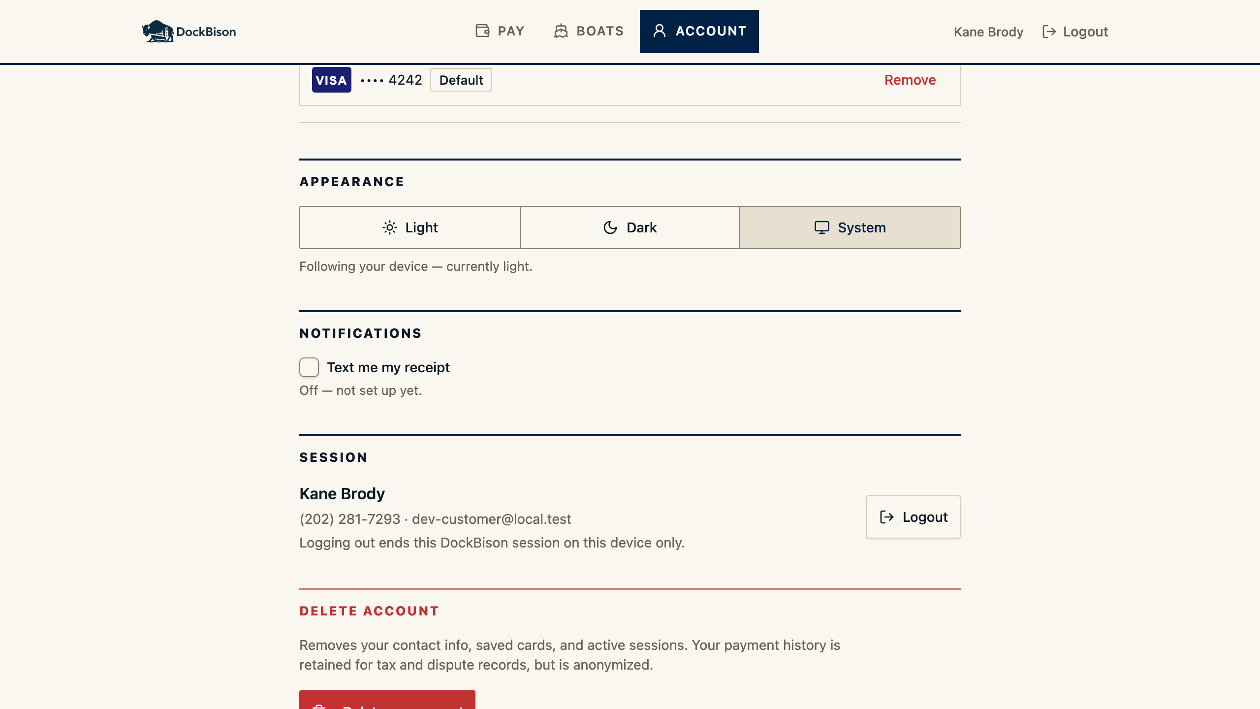 Dockbison account Notifications settings showing the optional 'Text me my receipt' SMS consent checkbox in its default unchecked state.